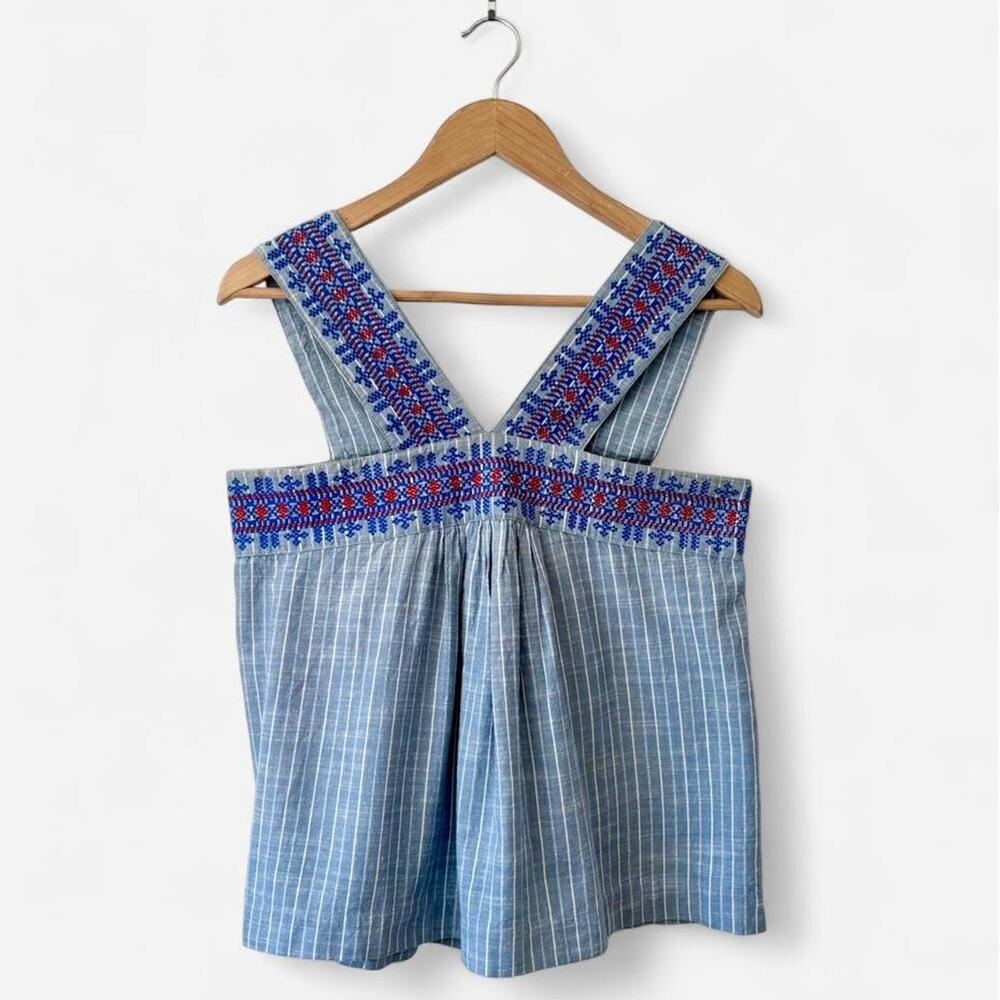 $124 Kopal OOAK Embroidered Stripe Chambray Tank Boho Summer Ethical Fashion- SM